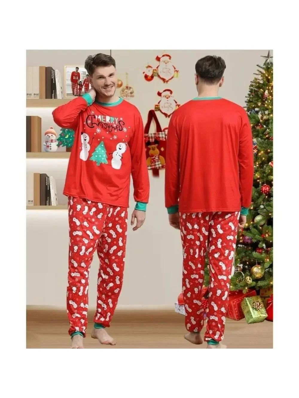Men’s Large Christmas Pajama Set 2pc Long Sleeve Pj Snowman Tree Sleepwear NEW